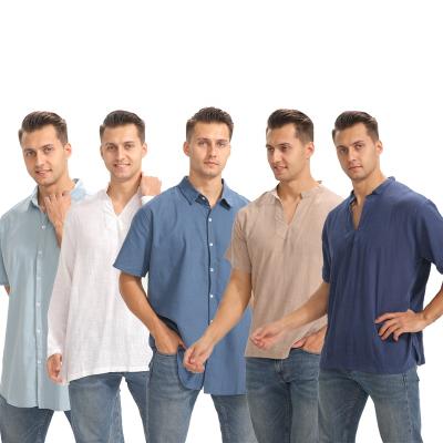 China Shorts Sheath Solid Color Canvas Casual Soft Wholesale 100% Linen V-Neck Hemp Oversized T-Shirt For Men for sale