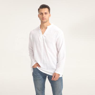 China Breathable Mens Casual Fit Tees With Button Placket Simple White Long Sleeve Collarless Casual Mens Shirt for sale