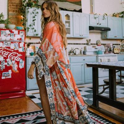 China Wholesale Orange Custom Print Kimono Women Boho Beach Wear Long Blouse Cardigan Kimono Anti-Shrink Cardigan for sale