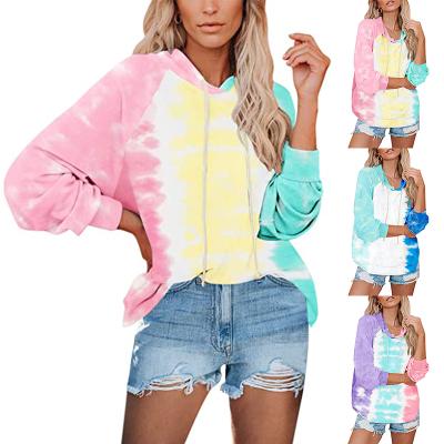 China Autumn And Winter New Women Breathable Sweater Tie Dye Hooded Loose Gradient Color Print Sweater Top In Stock Ladies Causal Hoodie for sale