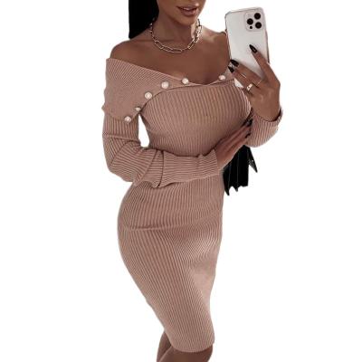 China Good Quality Viable Women Plus Size Dresses Off Shoulder Elegant Dress Buttoned Long Sleeve Knitted Dress for sale