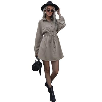 China Solid Lapel Double Sleeves Fashionable Fashionable Long Sleeve Drawstring Dress Women Casual Party Women Dress for sale