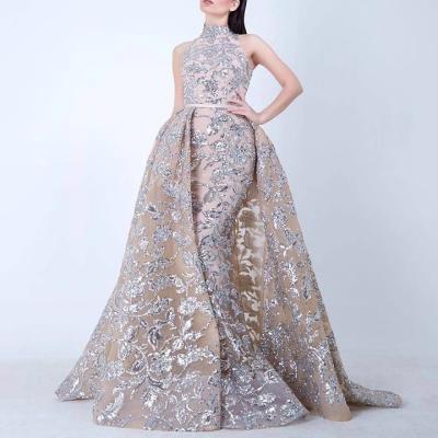 China Charming Sheer Layer Evening Dresses Sleeveless A Line Gold Sequin Halter Prom Party Dresses Formal Dress for sale