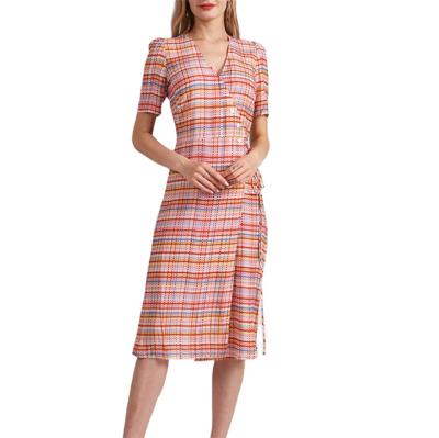 China Viable Professional Customized Plaid Dresses For Women Shirt Korean Casual Dress For Ladies V-Neck Midi Plaid Dress for sale