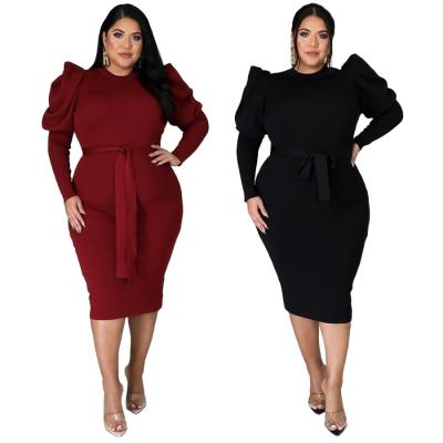 China 2021 Amazon Ebay Lady's Slim Fit Long Sleeve Belted Slim Fit Party Dress Washable Women's Evening Dress Plus Size Dress for sale