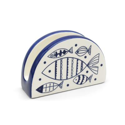 China Viable Wholesale Blue Design Fish Dinner Restaurant White Ceramic Napkin Holder for sale