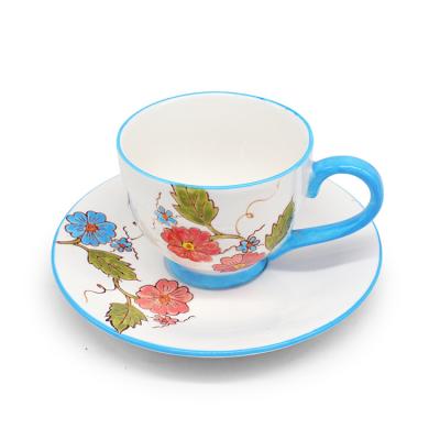 China Sustainable Wholesale Ceramic Coffee Mug With Saucer Flower Pattern Drinkware Tea Water Hand Painted Cup With Dish for sale