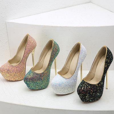 China November 2021 New Arrival Curvy Women Round Toe Plus Size Club Platform Pumps Fashion Show Stiletto Heel Sequined Slip-on Shoe for sale