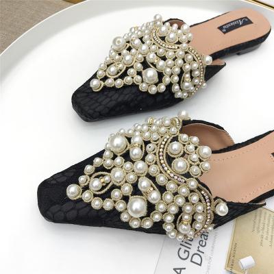 China November 2021 new arrival women's fashion trend adjust Toe Lace Trend Fashion Flat shoes casual pearl flat slip-on shoe for sale