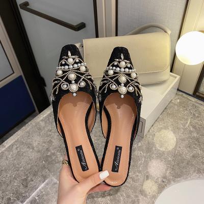 China November 2021 New Arrival Women's Trend Fashion Adjust Toe Lace Casual Pearl Flat Ethnic Flat Shoes for sale