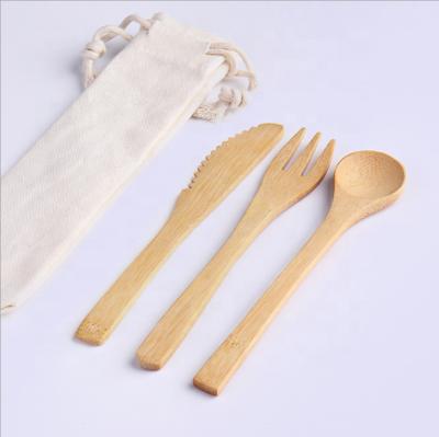 China Viable Biodegradable Bamboo Wooden Travel Knife Spoon Fork Travel Cutlery Set 3pcs Bamboo Flatware Sets for sale