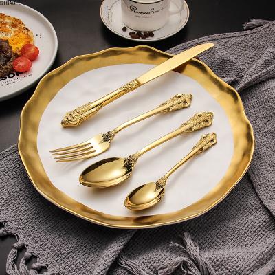 China Sustainable Luxury 4 Pieces Gold Spoons Forks Knife Flatware Set Stainless Steel Cutlery Set for sale