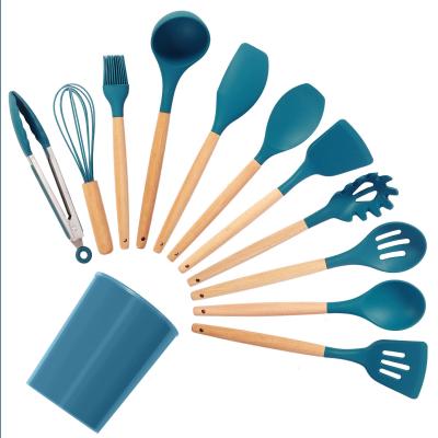 China Sustainable Kitchen Instruments Cooking Tool Kits 12 PCS Wooden Silicone Kitchen Utensils for sale