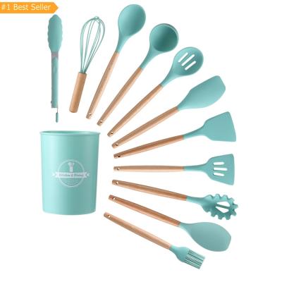 China Sustainable Kitchen Tools Instruments Heat Resistant Cooking Spatula Sets 12 Pieces Kitchen Utensil Silicone Set With Rack for sale