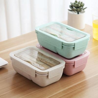 China Freshness Preservation Rectangular Wheat Straw Compartment Degradable Lunch Box With Tableware For Students for sale