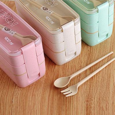 China Three Layer Sustainable Rectangular Wheat Straw Food Storage Box Compartment Degradable Lunch Box For Students for sale