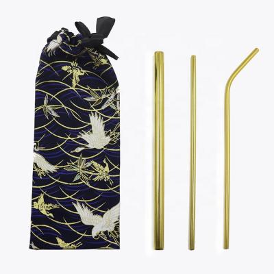 China 2020 New Arrivals Viable Travel Gold Color Printed Metal Drinking Straw With Pouch And Brush for sale