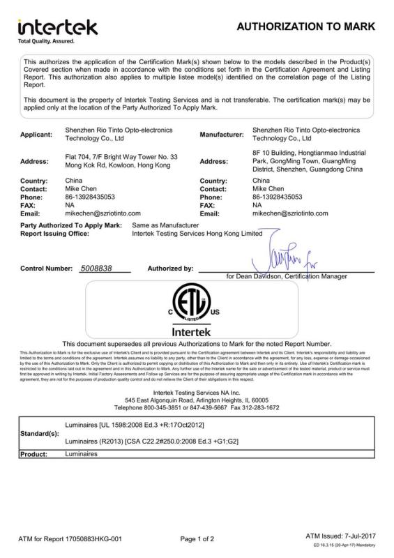 ETL - Shenzhen Rio Tinto Opto-Electronics Technology Co., Limited