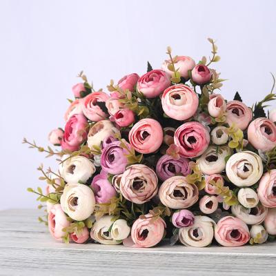 China Artificial Silk Tea Rose Flowers 6 Head 4 Small Bud European Retro Wedding Vintage Metal Flower DIY Party Home Decoration for sale