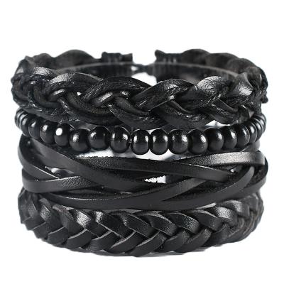 China Retro Popular Punk Twist Black Braided Leather Bracelet Multilayer PU Style Bangle Ethnic Accessories Wholesale for sale