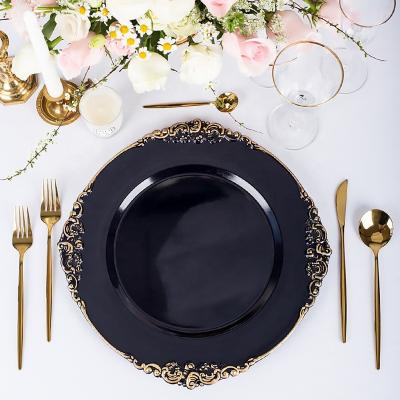 China 13 Inch Disposable Silvery White Mounted Dish Luxury Clear Wedding Plastic Dinnerware Black Dinnerware Gold Charger Dish Glass Charger for sale