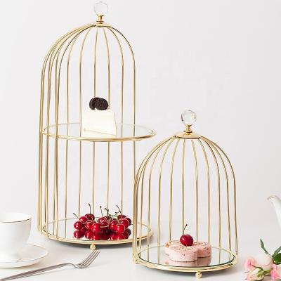 China Viable Gold Metal 2 Tier Birdcage Cupcake Cake Stand Wedding Cosmetic Storage Shelf Display Makeup Serving Tray Perfume Organizer for sale