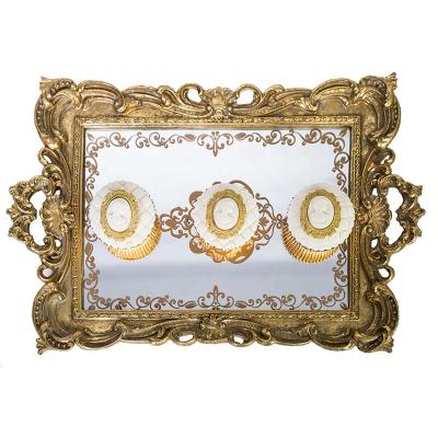 China Luxury Antique Gold Antique Gold Resin Vanity Square Serving Glass Mirror Cosmetic Serving Tray For Wedding Decoration Decor Fragrance for sale