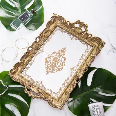 China Gold Jewelry Perfume Tray Mirror Glass Serving Serving Tray Metal Vanity Tray Luxury Home Decor Decorative Marble Silver Resin Wed for sale