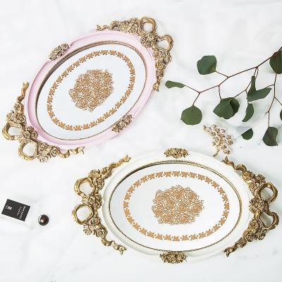 China Luxury Oval Plastic Resin Rectangular Clear Gold Glass Mirror Serving Trays Decorative Perfume Cosmetic Jewelry Vanity Tray For Wedding for sale