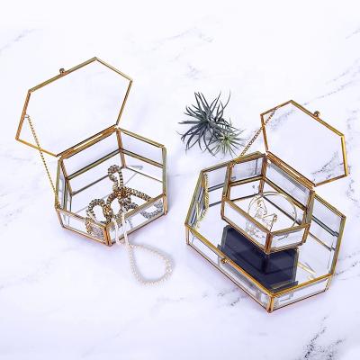 China Elegant& Northern European Glass and Mini Greenhouse Brass Pink Transparent Glass Vase Jewelry Box Polygonal Copper Hexagon Gold Trinket Decorative Geometric Box for sale