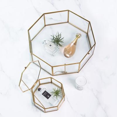 China Polygonal Geometric Metal Mini Greenhouse Small Greenhouse Storage Box Hexagon Ring Jewelry Trinket Box Glass Gold Silver Clear Copper Glass for sale