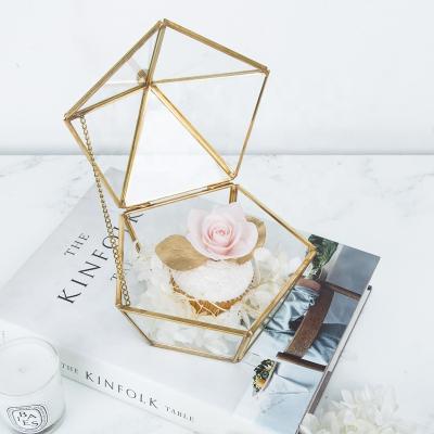 China Elegant& Northern Europe Rose Gold Glass Crystal Vases Ring Geometric Jewelry Box Gifts Metal Pyramid Trinket Storage Ring Copper Decorative Box for sale