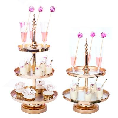 China Luxury Gold Silver Metal 2 Disposable Round 3 Tier Mirror Plates Wedding Party Cake Stand Set Multilayer Tall Iron Cup Cake Stand for sale