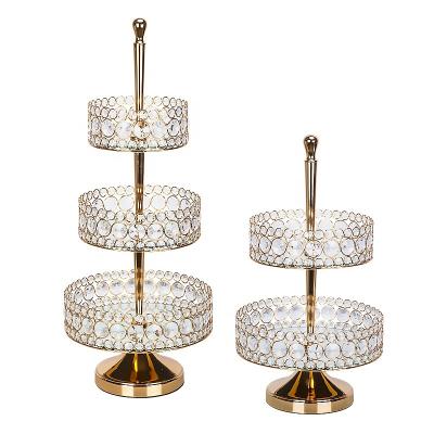 China Disposable Metal Beaded Hanging 3 Tier Crystals 2 Luxury Silver Wedding Cake Stand Set Decorating Gold Party Dessert Cake Display Stand for sale