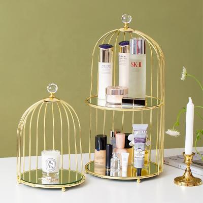 China Metal Gold 2 Tier Birdcage Standable Birdcage Display Serving Makeup Display Serving Tray Cake Stand Wedding Jewelry Cosmetic Perfume Organizer for sale