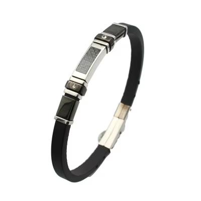 Κίνα Stainless Steel Soft Rubber Bracelet with Carbon Fiber Plate Punk Style White Setting CZ Silicone Luxury Men's Jewelry προς πώληση