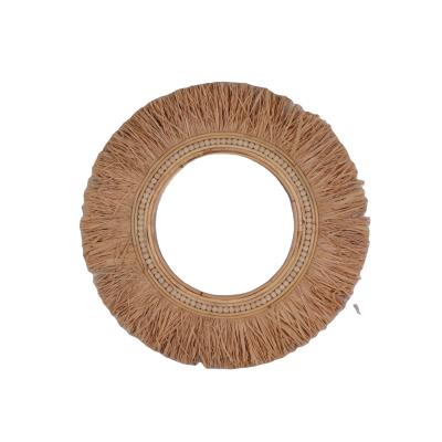 China Home Decoration Minimalist Gold Living Room Factory Arts Straw Edge Hotel Indoor Bamboo Round Handmade Mirror Hawaiian Style 60x2.5x60CM for sale