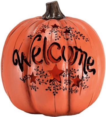 China Festival Decoration 7.5 Inch LED Lighted Orange Resin Pumpkin Welcome Fall Decor for sale