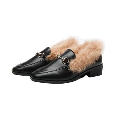 China Fashion Trend Rabbit Fur Shoes Women 2021 New All-match Metal Buckle Square Toe Flat Single Women Plus Velvet Cotton Warm Shoes for sale