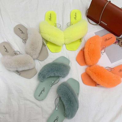 China 2020 New Products Shoes Women Anti-slippery Wholesale Fur Slides Fox Warm Soft Fur Slide Flat Ladies Slippers for sale