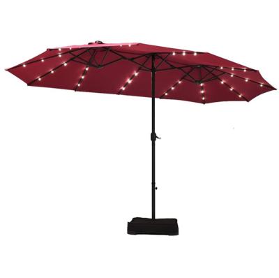 China 15ft 3 Double Head Combo Modern Outdoor Patio Garden Umbrellas With LED Solar Light Big Size Parasol For Outdoor for sale