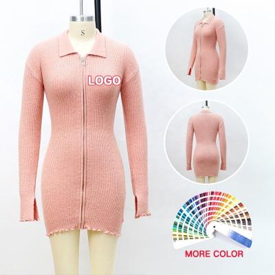 China Anti-wrinkle Ladies Knitwear Long Sleeve Polo Neck Ribbed Sweater Women' S Short Mini Knit Dress With Zipper for sale