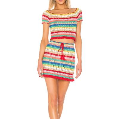 China New Arrival Breathable Rainbow Stripe Crochet Cropped Top With Handmade Skirt Set for sale