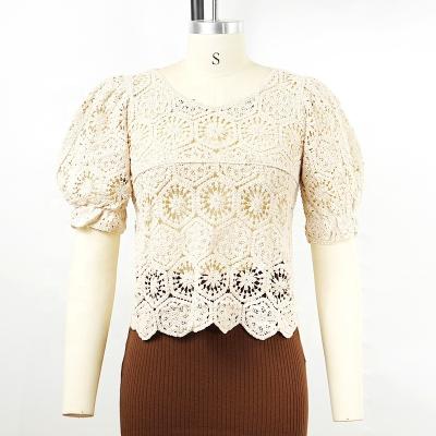 China Anti-wrinkle summer fashion plus size ladies blouses blow sleeve lace hollow crochet shirt for sale