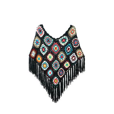 China Anti-wrinkle Fashion Fringed Edge Women Apparel Flower Crochet Cape Shawls Knitted Poncho for sale