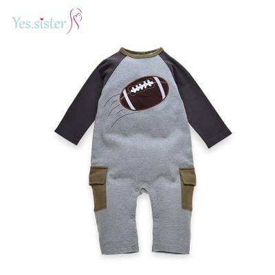 China Cute 100% Cotton Stock Clearance Rugby Applique Organic Boy's Romper Overalls Knit Baby Romper for sale