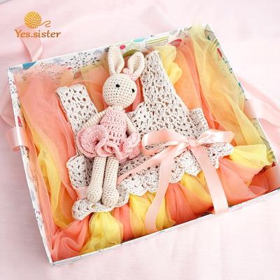 China European Fashion Baby Crochet Dress Cotton Knitwear Breathable Kids Dress With Toys Handmade Sets for sale