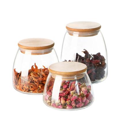 China Home Kitchen Supplier Chinese Kitchen Home Use Storage Airtight Clear Glass Jar Bamboo Wood Lid for sale