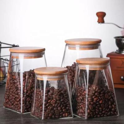 China Home Kitchen Household Goods Irregular Square Glass Food Sealed Trapezoidal Tea Coffee Bean Storage Jar With Bamboo Lid for sale