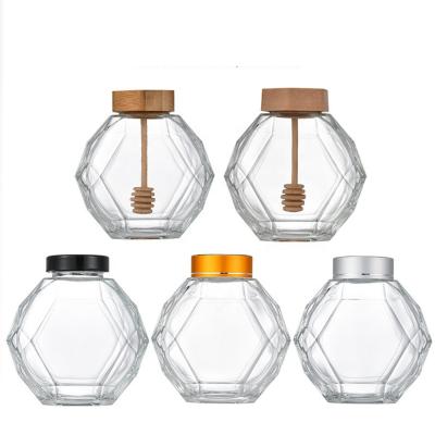 China Unique Hexagonal Stirring Dried Fruit Stick Syrup Food Grade Mini 200ml 380ml Glass Honey Jar With Dipper for sale